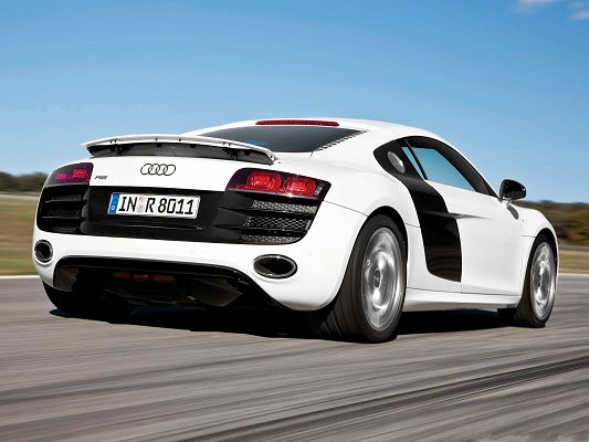 click to free download the wallpaper--Audi R8 as Background, White Super Car in the Run, Flat and Straight Road