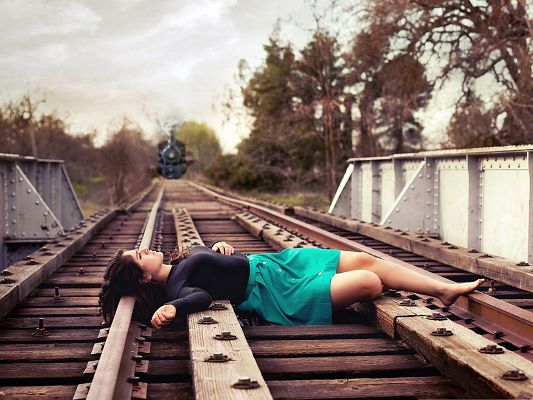 Beautiful Girl Outdoor, Nice-Looking Girl on Train Track, Are You Commiting Suicide