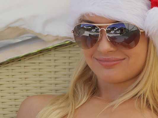 Beautiful Lady Poster, Blonde Girl with Shades, Sunglasses and Christmas Hat, Impressive Beauty