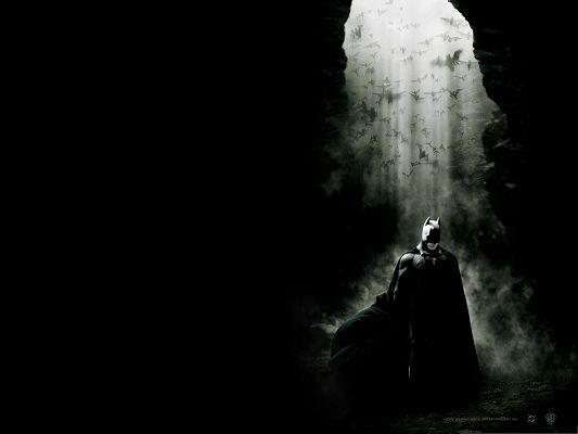 click to free download the wallpaper--Best Film Posters, Batman Begins, Super Hero Walking in Dark Smoke, Flying Birds