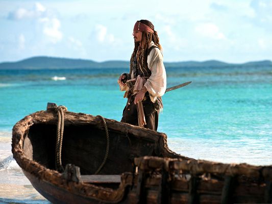 click to free download the wallpaper--Best Movie Poster, Pirates Of The Caribbean, Jack Sparrow by the Side of Clean Beach