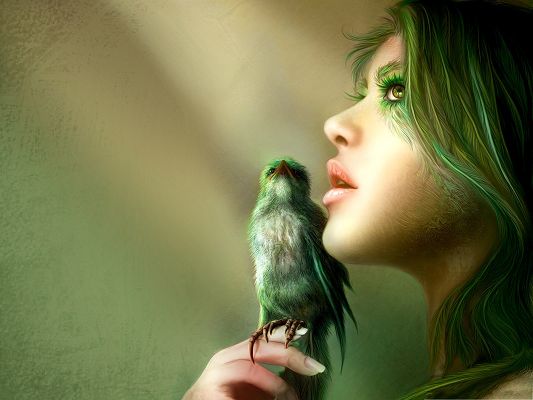 click to free download the wallpaper--Bird and Girl, Both in Green, They Match Each Other Well