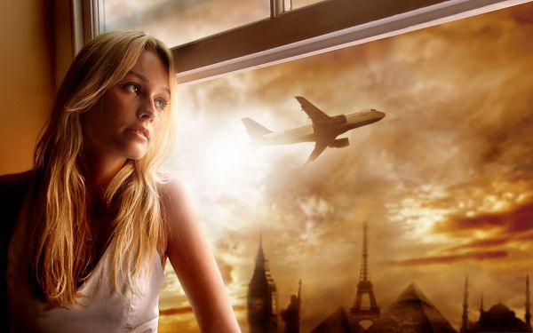 click to free download the wallpaper--Blonde Girl Photography, Beauty By the Window's Side, Want to be on Airplane?