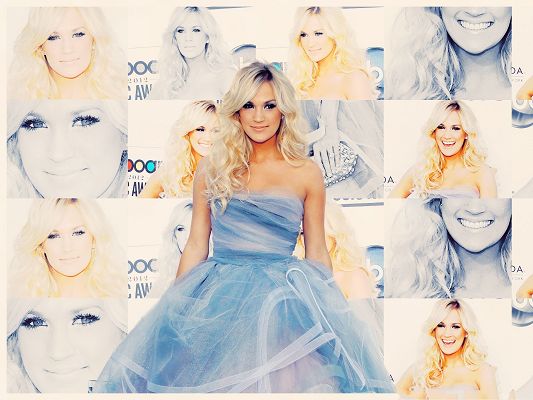 Carrie Underwood Background, in Blue Long Dress, Various Smiling Faces Behind Her