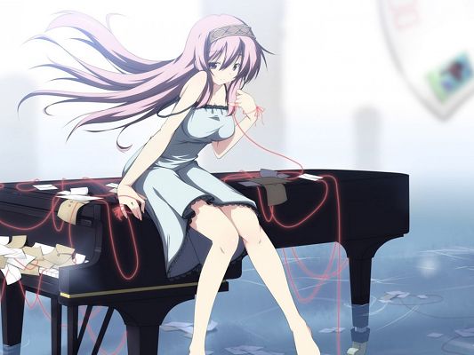 Free Cute Anime Girls, Sitting on Piano, Short Dress, Dancing Hair, She Has Incredible Beauty