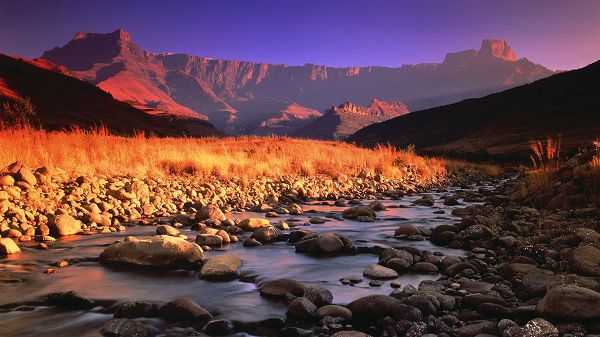Free Download Natural Scenery Picture - High Mountains Next to the Clear River, All Seem Red and Lively