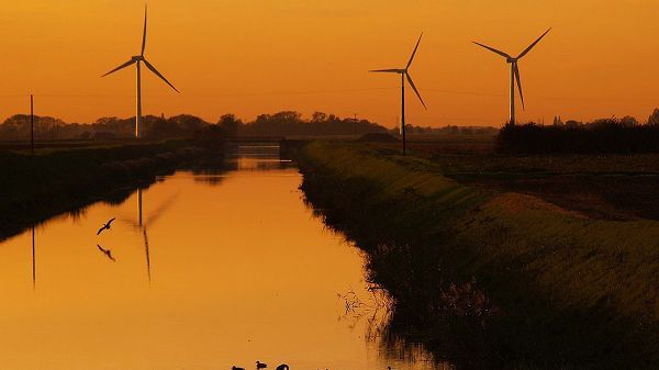 click to free download the wallpaper--Free Download Natural Scenery Picture - Numerous Windmills in the Stand, Golden Scene, Can Expect the Setting Sun