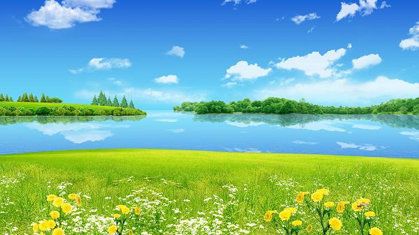 click to free download the wallpaper--Free Download Natural Scenery Picture - The Clear Blue Sea and Sky, Incredibly Green Plants Alongside, Too Good to be True