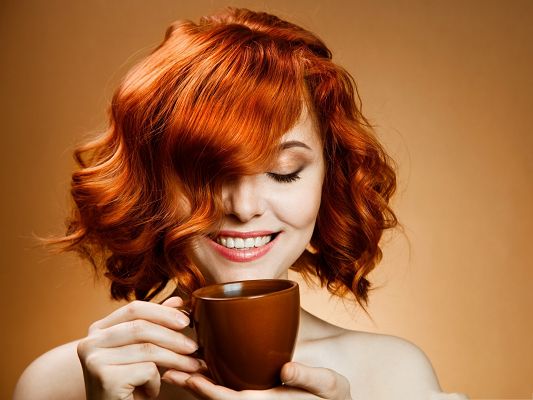 click to free download the wallpaper--Free Girls Wallpaper, Red Haired Woman Drinking Coffee, Must Taste Good