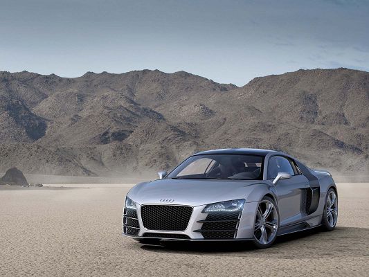 click to free download the wallpaper--Free Super Cars Wallpaper, Audi R8 on Seemingly Desert, Sharp Eyes and Smooth Lines
