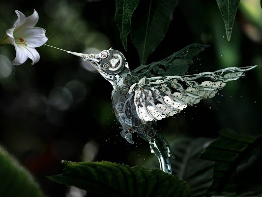 click to free download the wallpaper--Free Wallpaper Background, Robot Humming Bird, Made from Watch Parts 