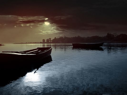 Free Wallpaper Backgrounds, Lovely Evening, Boats Taking a Rest on the Peaceful Sea