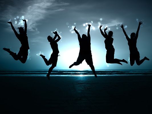 Free Scenery Wallpaper - Includes Five People Jumping on the Sand, All Happy and Confident!