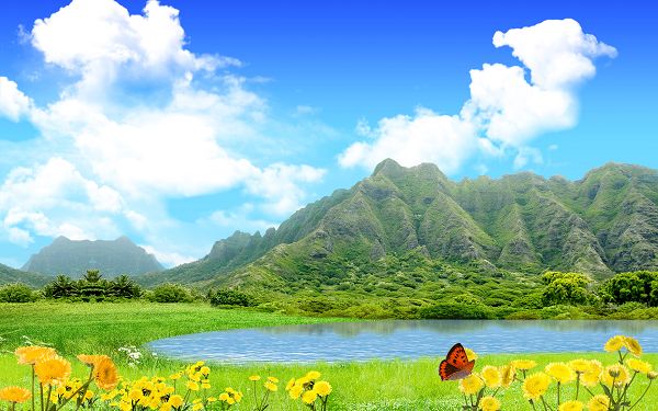 Free Scenery Wallpaper - Includes Green Mountains, Blue Sea and Yellow Flowers, Fit For All Users!