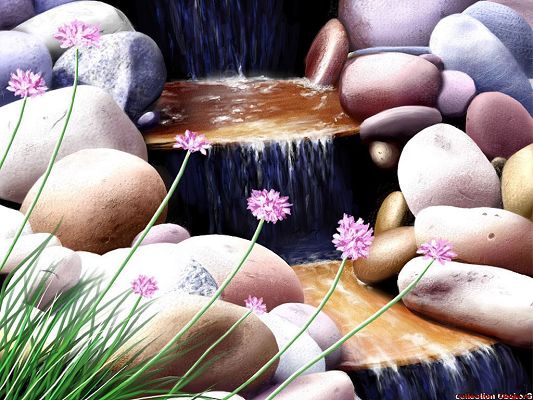 Free Wallpaper - What a Scene with Stones, Flowers and a Clear River,click to download
