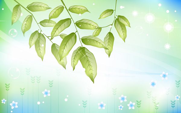 click to free download the wallpaper---Green Leaves and White Blue Flowers Happy in Singing and Flying, Is Gentle Wind Blowing? - Cartoon Flowers Wallpaper