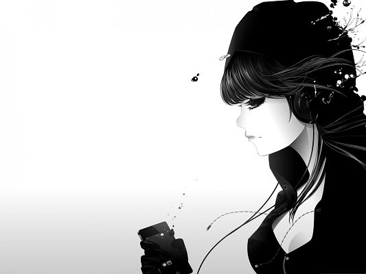 click to free download the wallpaper--Hand-Drawn Girls, Cool Girl Listening to Music, Careless About the Outside World