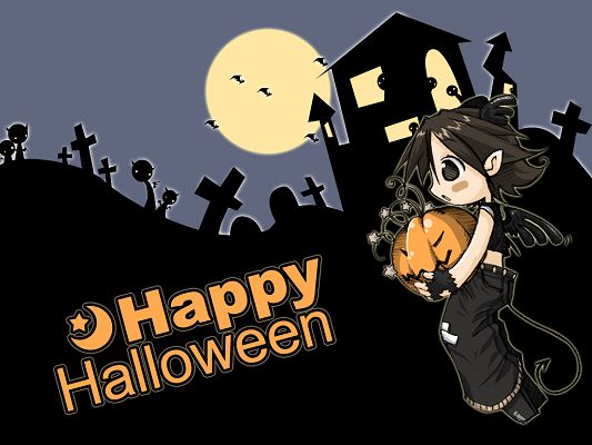 click to free download the wallpaper--Holiday Pics, Halloween Day, Scared Pumpkin and Ghosts, Dark Scene, Are You Frightened?