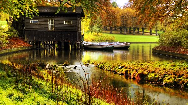 click to free download the wallpaper--Images of Beautiful Sceneries - A Black Little House Over the River, a Full Eye of Green and Natural Scene