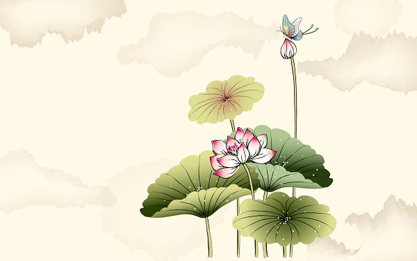 click to free download the wallpaper---In Bloom and Bud, Butterfly is Flying around, White Spots Seem as if They Shine, All are a White Background - Hand-Painted Natural Plants Wallpaper