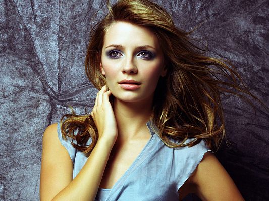 click to free download the wallpaper--In Blue Dress and Appealing Pose, Hand is Put on Neck, Eyes Have Got Stories, Indeed an Attractive Girl - HD Mischa Barton Wallpaper