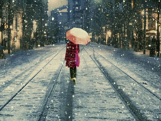 click to free download the wallpaper--Incredible TV Shows Image, Girl Walking in Snow, Schoolsuit and Umbrella, Are You Lonely?