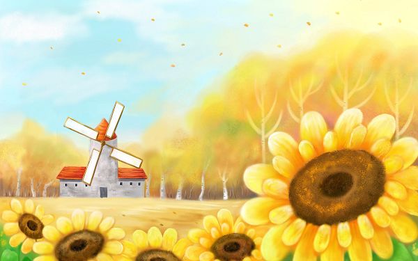 click to free download the wallpaper---Leaves in Free Flying, Working Windwill and Smiling Sunflowers, What an Incredible Scene - Autumn Fairy Tales Illustrations Wallpaper