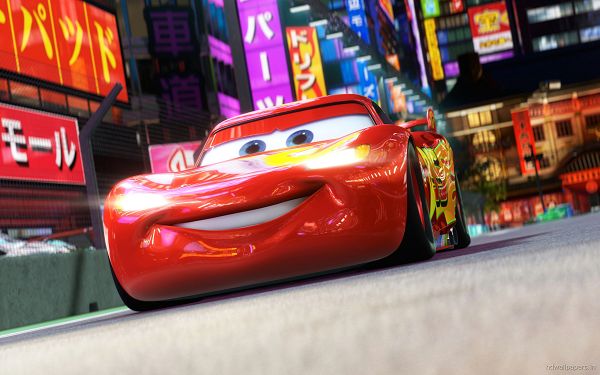 click to free download the wallpaper--Lightning McQueen in Cars 2 in 2560x1600 Pixel, a Red and Shinning Happy Car, He Must be Doing Well in Japan - TV & Movies Post