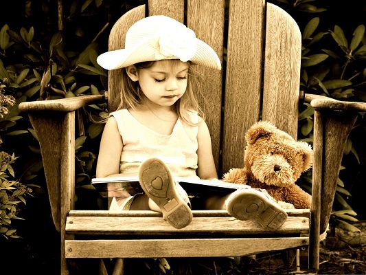 click to free download the wallpaper--Little Girl Outdoor, Doing Reading Among Nature Landscape, Bear Doll Around