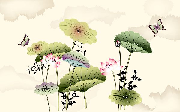 click to free download the wallpaper---Lotus in Bloom, Butterflies Are Unwilling to Leave, Seems You Can Smell the Flower, Very Lovely and Lively Scene - Hand-Painted Natural Plants Wallpaper