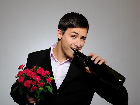 click to free download the wallpaper--Man With Flowers, Gentleman with Red Roses, Are You Going to Propose?