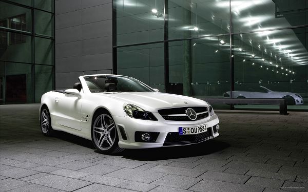 click to free download the wallpaper--Mercedes Benz Convertible 2 Post in 1920x1200 Pixel, White Car is Reflected on the Window, Bound to Live Under the Spotlight - HD Cars Wallpaper