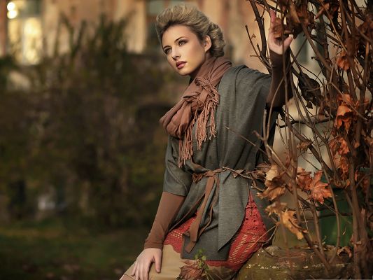 Nice Girl Pics, Young Lady in Thick Clothes, Hands on Brown Leaves and Branch