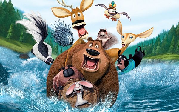 click to free download the wallpaper--Open Season Movie Post in Pixel of 1920x1200, a Group of Animals in a Fast Running River, Mouth is Wide Open, Something Big Must be Ahead - TV & Movies Post