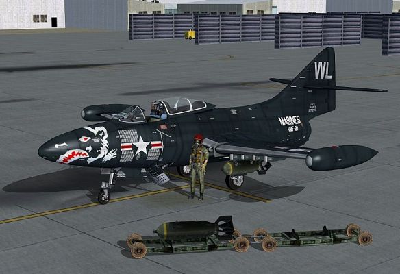 click to free download the wallpaper--Paris Air Show Screenshot, US Marines Grumman F9F Panther on the Ground
