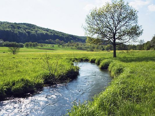 click to free download the wallpaper--Pic of Nature Landscape, River in Bavaria, Green Grass, the Blue Sky