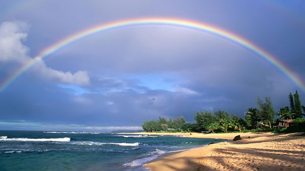 click to free download the wallpaper--Pics of Beautiful Beach Scene - A Rain is Gone, Rainbow Thus Shows Up Over the Beach, Amazing, Ah?