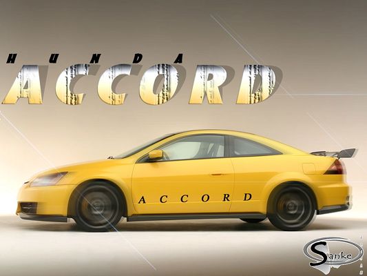 click to free download the wallpaper--Pics of Cars, Yellow Hunda Accord is in the Run, Light Gray Background, Shall Strike an Impression