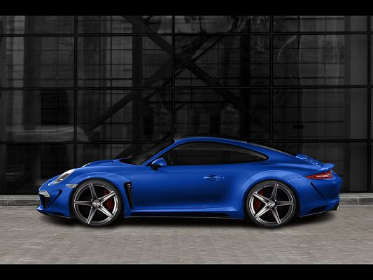 click to free download the wallpaper--Porsche Carrera 4 in Blue, Stopping Against a Black Wall, TopCar Pics Are Good and Fit