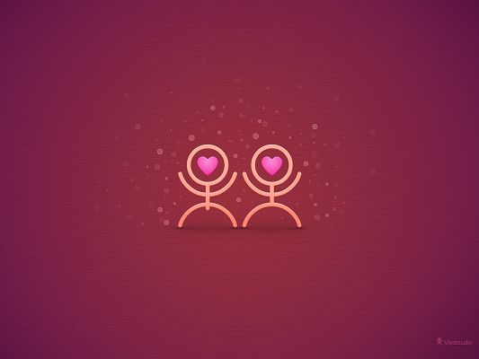 click to free download the wallpaper--Romantic Wallpaper, Two Figures in Love, Pink Background, Flying Bubbles