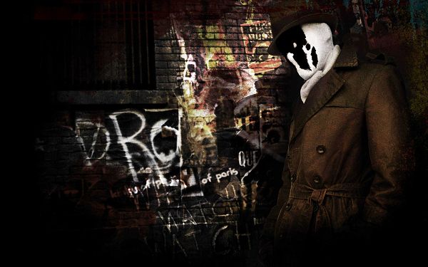 click to free download the wallpaper--Rorschach in Watchmen in 2560x1600 Pixel, Man in Mask, Put Against Dark Background, is Depressing and Fit - TV & Movies Wallpaper