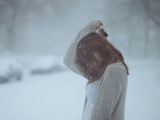 Sad Girl in Winter, Flying Snow Around the Beautiful Girl, Are You Cold?