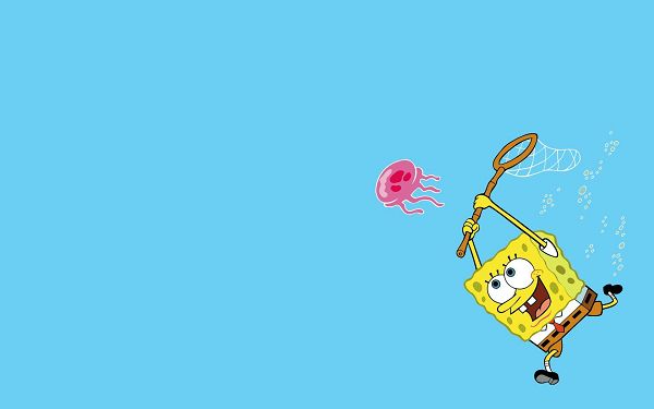 click to free download the wallpaper--SpongeBob Going After an Octopus, What a Naughty Guy! Put Against Blue Background, Things Turn out Quite Simple - HD Cartoon Wallpaper