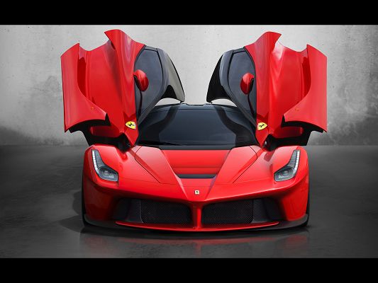 click to free download the wallpaper--Super Car Post of Red Ferrari, Open Front Doors, Is It Going to Fly?