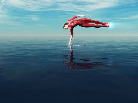 click to free download the wallpaper--Super Girl Image, Powerful Girl in Red Suit, Fly Over the Sea