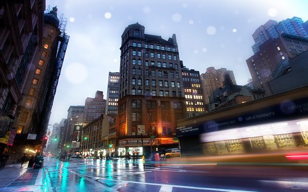 click to free download the wallpaper--The Scene of NY Broadway Street, Clean and Reflective Roads, Things Are All Colorful and Attractive - HD Natural Scenery Wallpaper