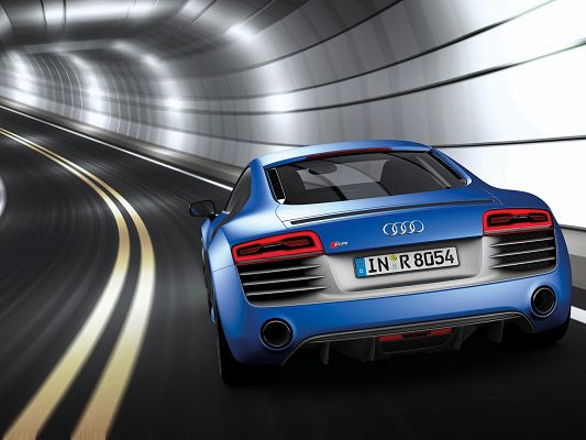 click to free download the wallpaper--Top Cars Pics of Audi R8, a Blue and Fast Car in Tunnel, Speed is Never at Loss
