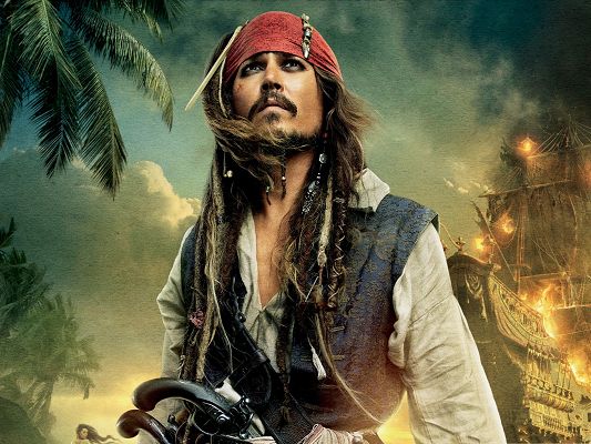 click to free download the wallpaper--Top Movie Posters, Pirates Of The Caribbean, Johnny Depp in Front of Firing Ship