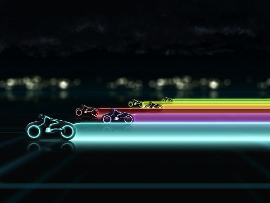 click to free download the wallpaper--Tron Legacy Lightcycle Race Post in 1600x1200 Pixel, All Motorcars Generating Colorful Lights, Who Will Win? - TV & Movies Post