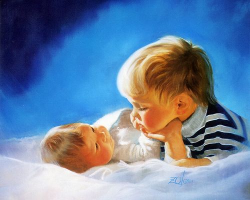 click to free download the wallpaper---Two Baby Boys Talking and Staring, the Older One Works as Caretaker, Must be Well-Appreciated - Childhood Painting Wallpaper